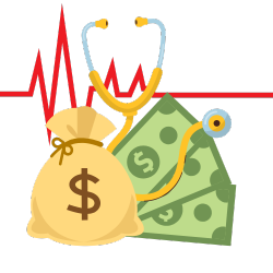 stethoscope in front of a bag of money with dollar bills