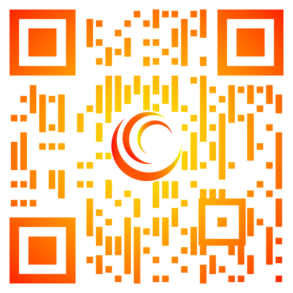 QR Code with gradient colors and the CodaBears logo in center.  This code links to https://codabears.com