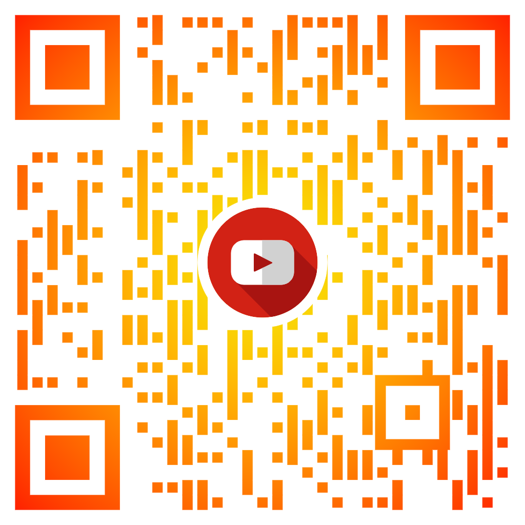 Gradient colored QR Code with YouTube logo in center.   Links to the CodaBears YouTube channel.