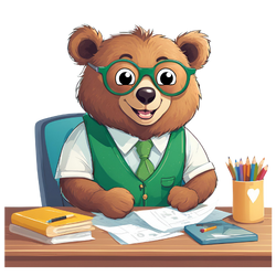 bear with glasses sitting at a desk